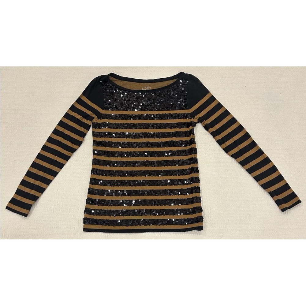 LOFT Petites brown and black striped long sleeve shirt sequin size XSP
